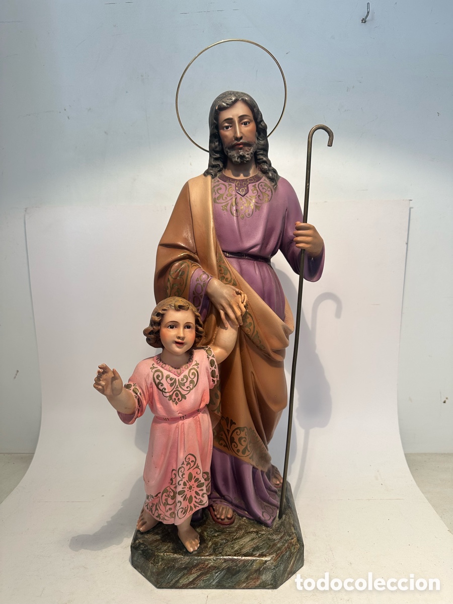 Arte: PRECIOSO SAN JOSE Y NI&Ntilde;O JESUS DE ESTUCO Y OJOS DE CRISTAL. SELLO ANONIMA MATO OLOT. 56CM.