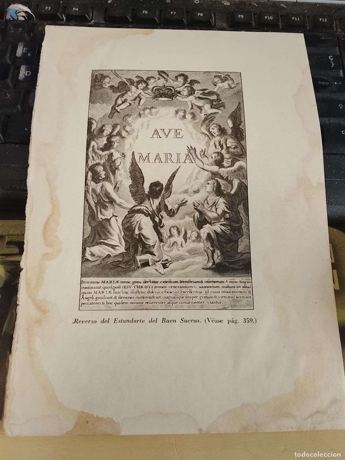 Arte: 25,5 x 18 cm antiguo imagen del grabado religioso estandarte de la virgen del buen suceso ave maria
