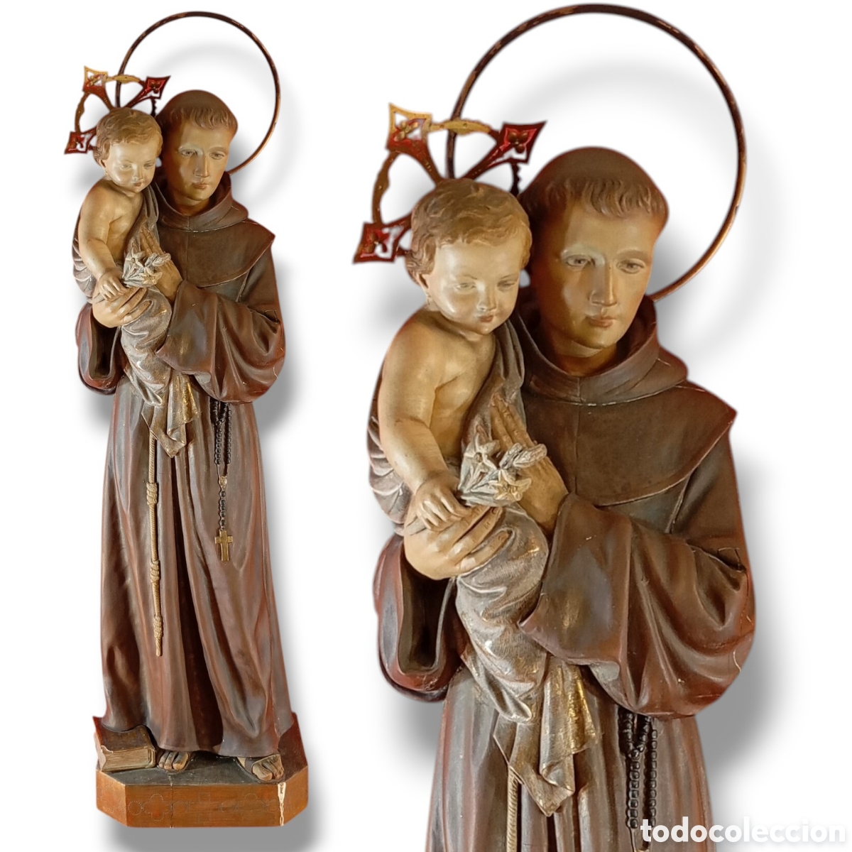 Arte: SAN ANTONIO DE PADUA CON EL &Ntilde;IJO JES&Uacute;S - 103 CM - TALLA DE MADERA ARTISTA I. JUANICO - ESCULTURA