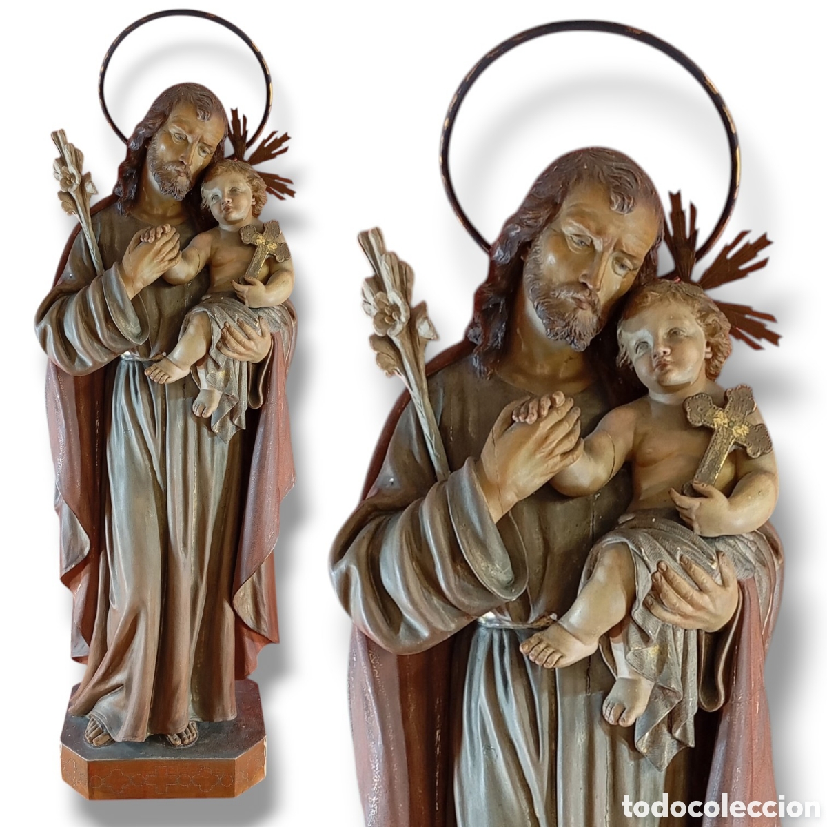 Arte: SAN JOS&Eacute; CON EL &Ntilde;IJO JES&Uacute;S EN BRAZOS - 100 CM - TALLA DE MADERA ARTISTA I. JUANICO - ESCULTURA