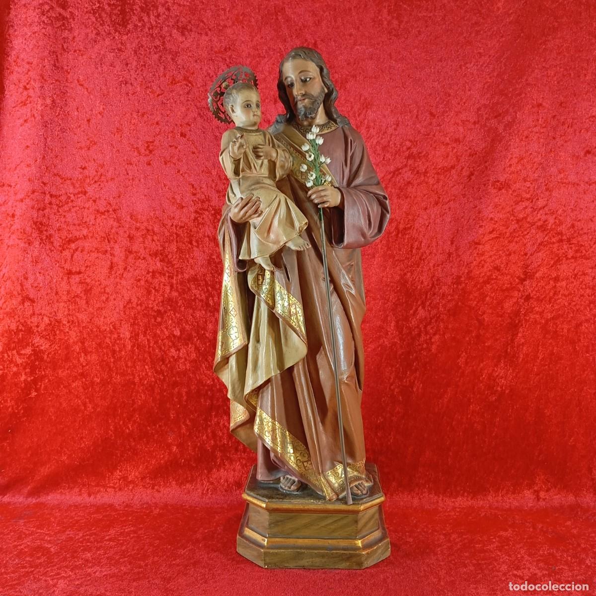 Arte: SAN JOS&Eacute; CON EL &Ntilde;IJO JES&Uacute;S EN BRAZOS - 60 CM - TALLA DE MADERA OJOS DE CRISTAL - OLOT - ESCULTURA