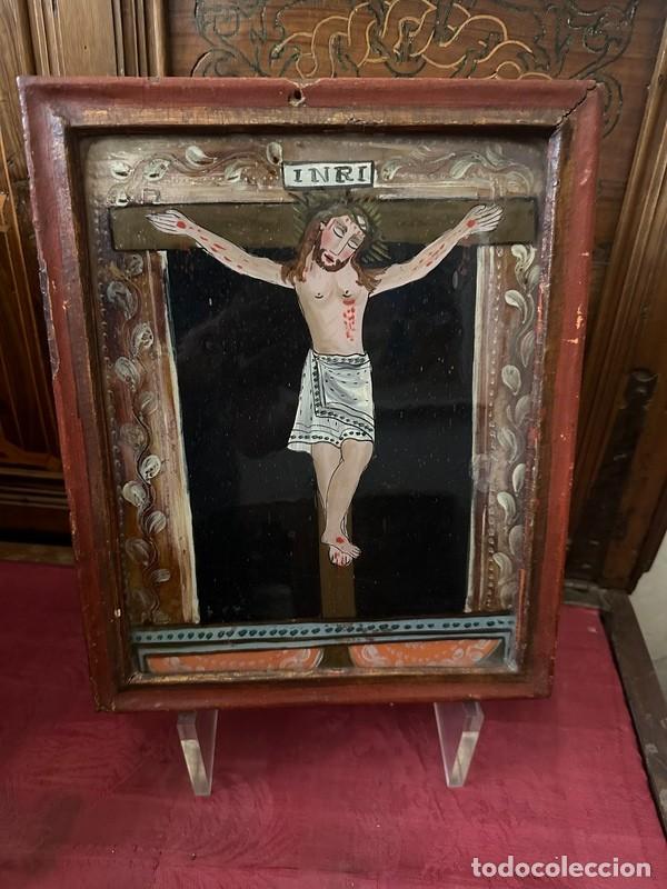 Arte: CRISTAL PINTADO, IMAGEN DE CRISTO EN EL CALVARIO, CRUCIFIJO , ARTE POPULAR - S. XVIII - XIX