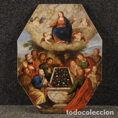 Arte: Antigua pintura al &oacute;leo sobre m&aacute;rmol del siglo 16, La Asunci&oacute;n de la Virgen.