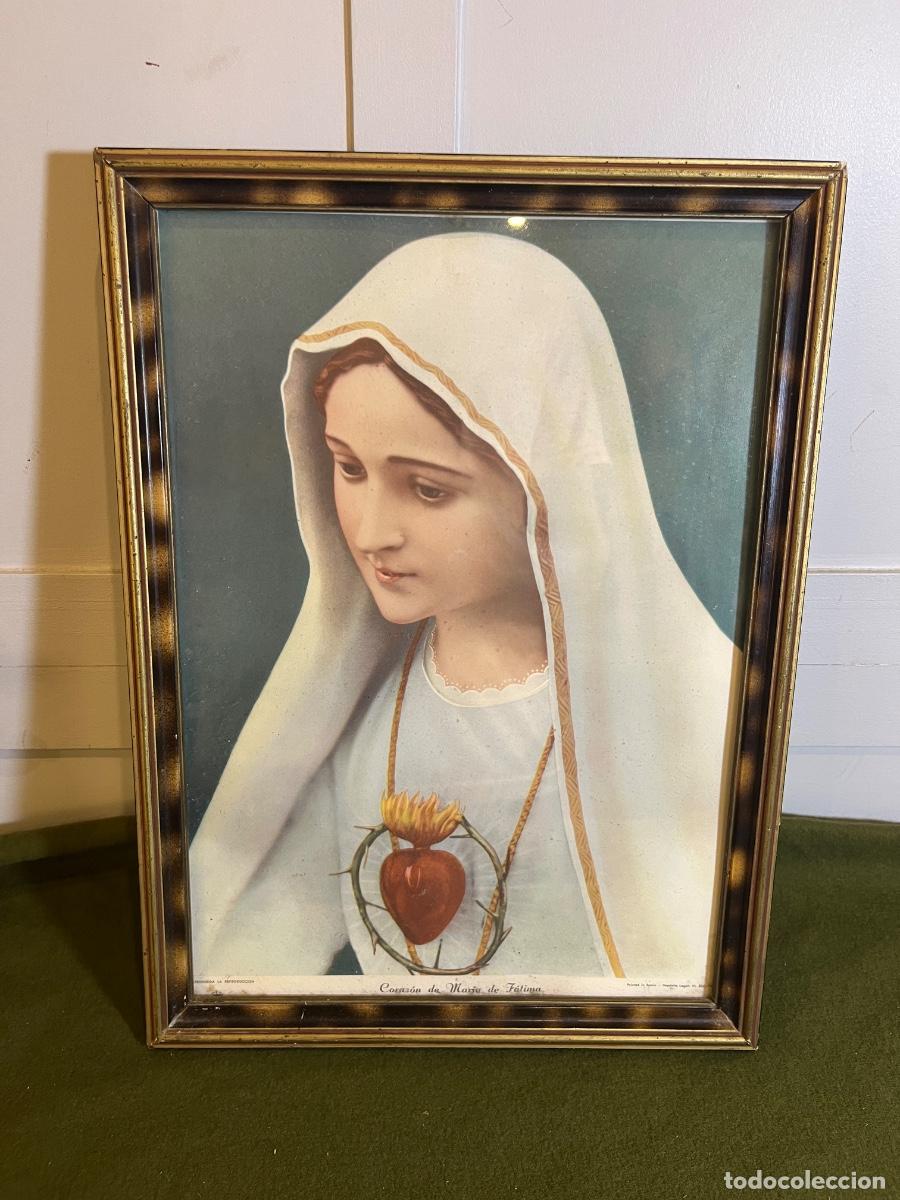 Arte: Cuadro Coraz&oacute;n de Mar&iacute;a de F&aacute;tima litograf&iacute;a religiosa enmarcada con anotaciones manuscritas 1966-19