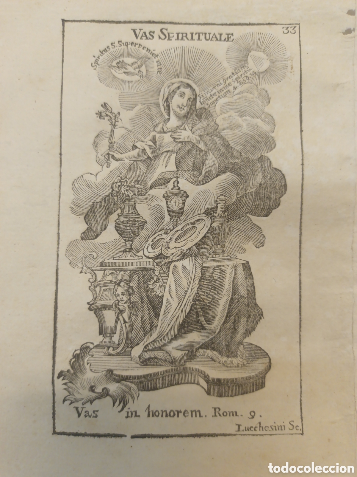 Arte: GRABADO - LETAN&Iacute;A LAURETANA DE LA VIRGEN - VAS SPIRITUALE - A&Ntilde;O 1768 - GR. LUCCHESINI - 13 X 22 CM