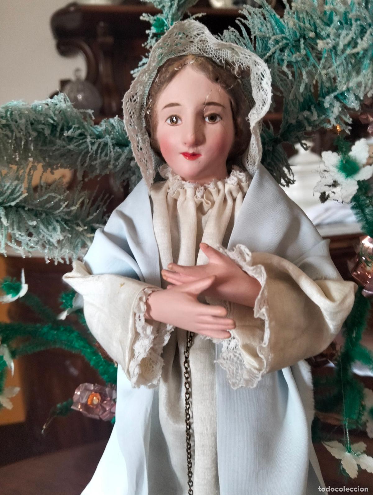 Art: Antigua figura de talla escultura religiosa Virgen Maria ni&ntilde;a inmaculada en urna fanal cristal S.XIX
