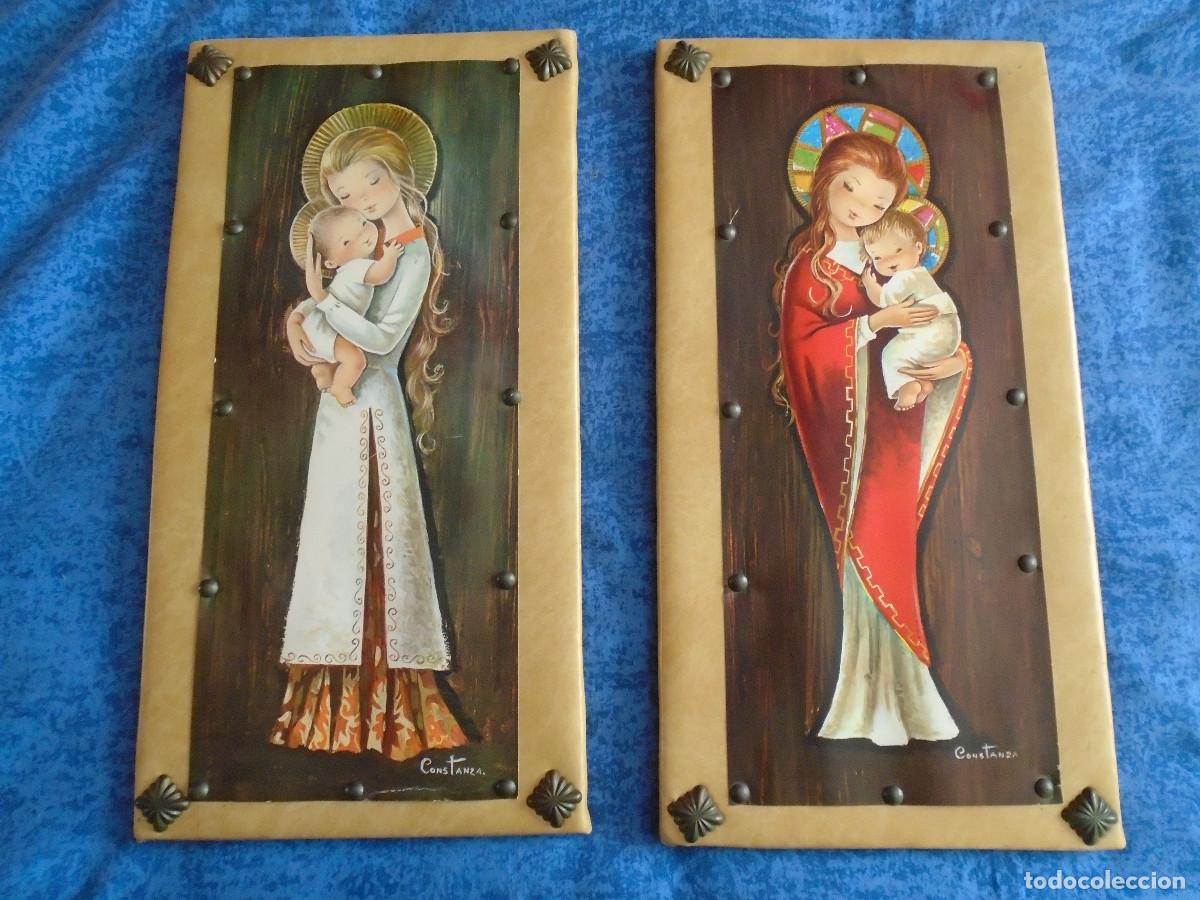 Arte: LOTE 2 CUADROS DIBUJO ILUSTRADOR CONSTANZA TEMATICA INFANTIL RELIGIOSA VIRGEN CON NI&Ntilde;O VINTAGE 60-70