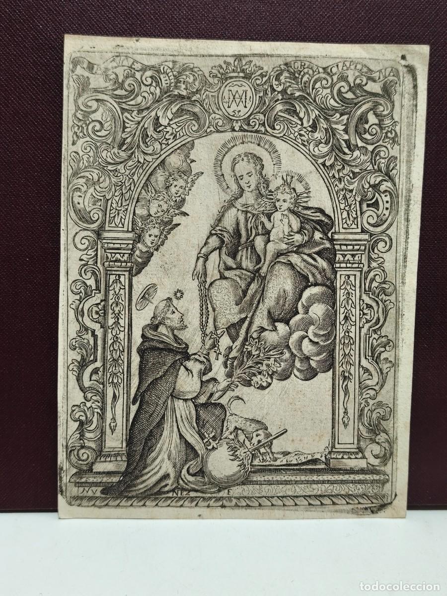 Art: ANTIGUO GRABADO DEVOCIONAL. VIRGEN DEL ROSARIO Y SANTO DOMINGO DE GUZM&Aacute;N.