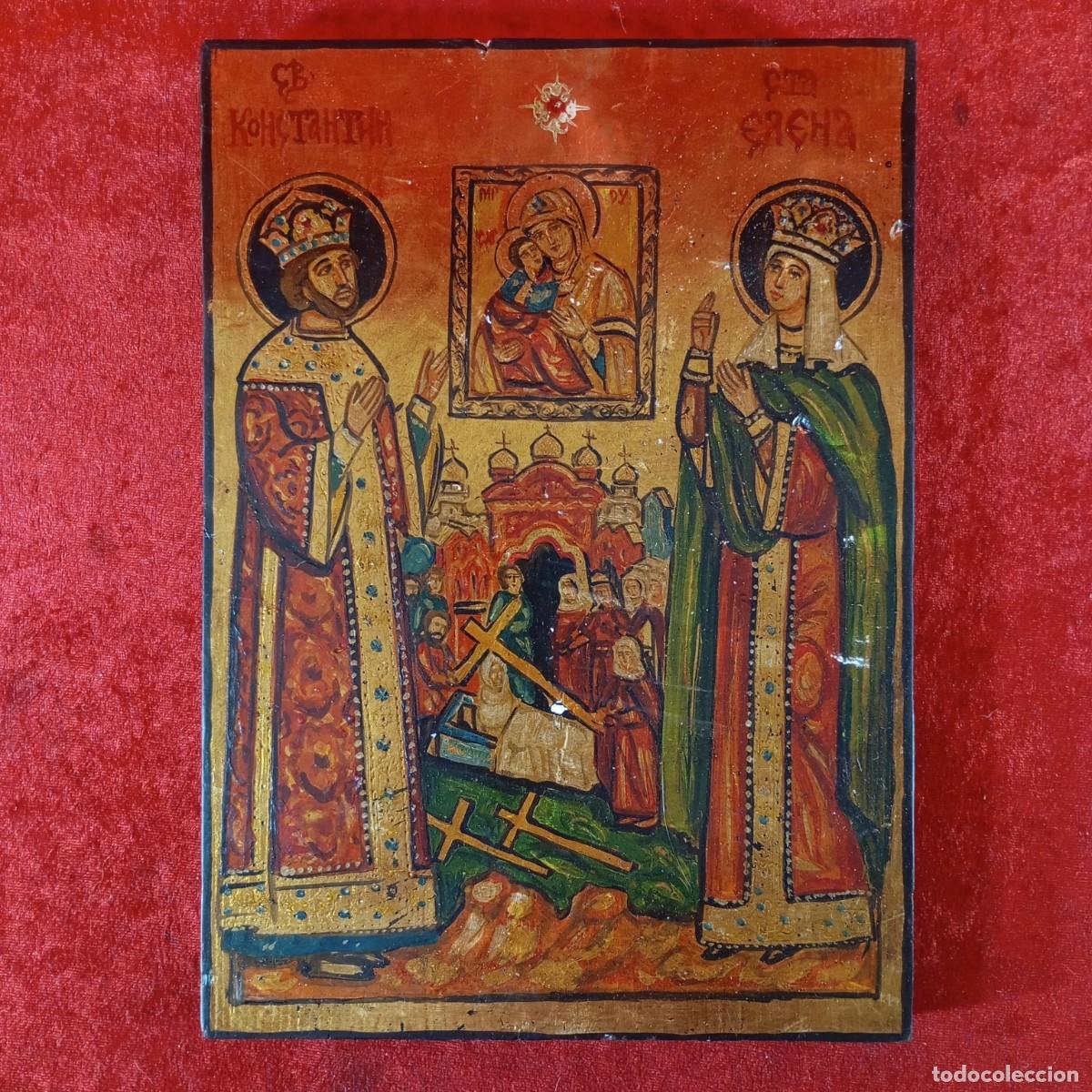 Arte: PRECIOSO ICONO RUSO EN MADERA POLICROMADA A MANO - ESCENA RELIGIOSA - 30 X 21,5 CM