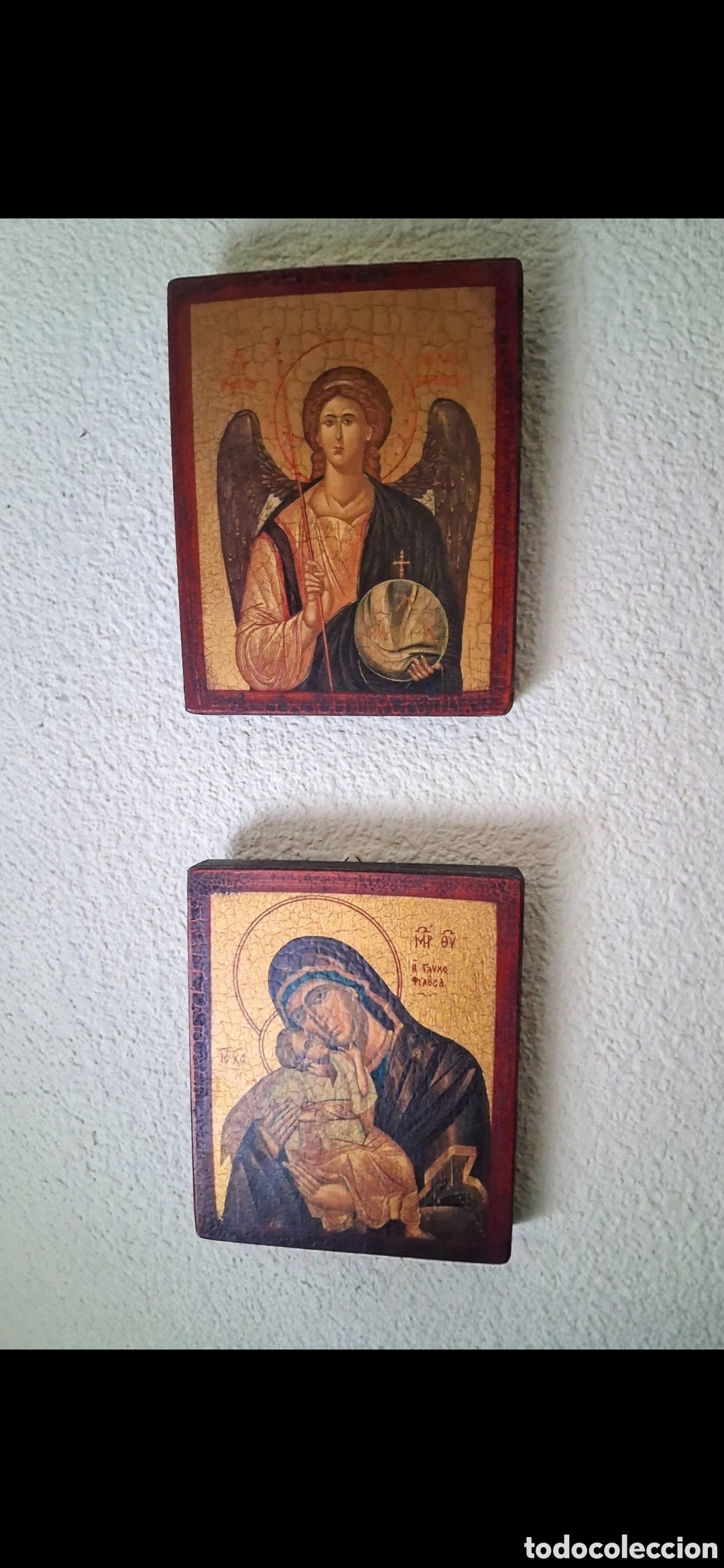 Arte: Lote 2 Iconos Bizantinos Griegos sobre Madera con Certificado - Virgen y Arc&aacute;ngel Miguel