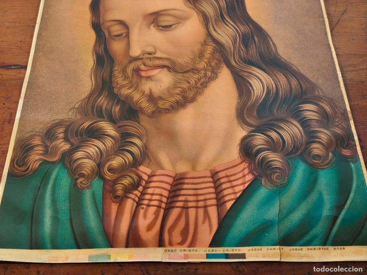 Arte: Antigua cromolitograf&iacute;a Jesucristo Bella imagen de Jes&uacute;s Representaci&oacute;n serena del rostro de Cristo