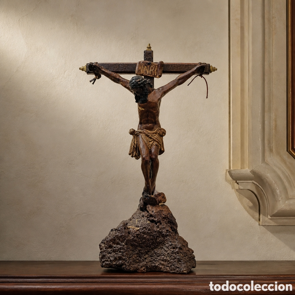Arte: CRUZ Y CRISTO DE ALTAR O SOBREMESA REALIZADO EN BARRO. 50&times;33 CM