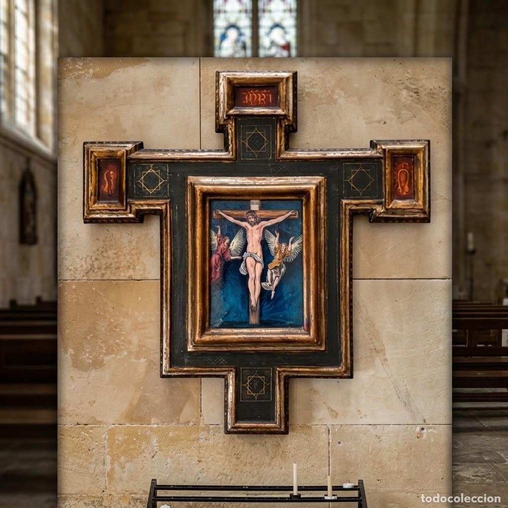 Arte: Cuadro religioso crucifixi&oacute;n con marco de madera pintado y pintura esmaltada. Firmado BARBA
