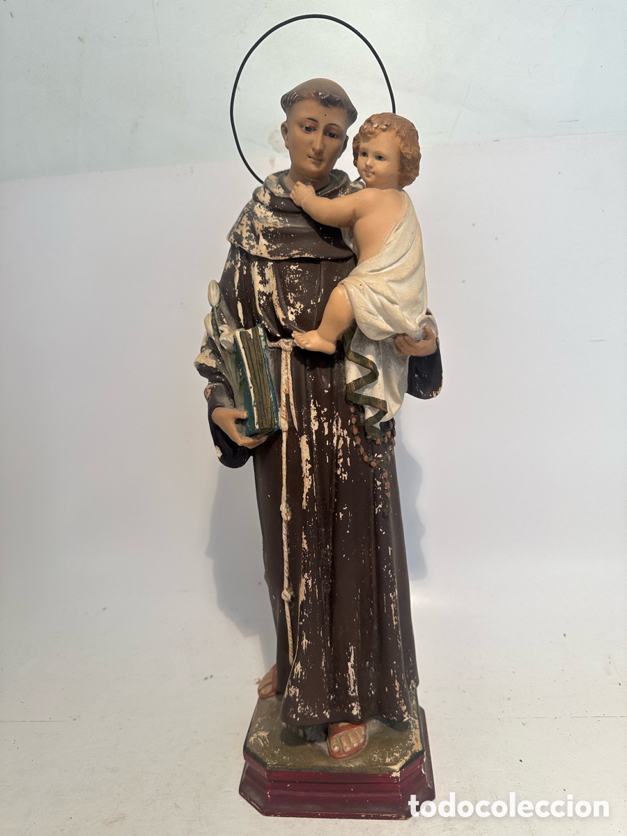 Arte: SAN ANTONIO DE PADUA DE ESTUCO Y OJOS DE CRISTAL PARA RESTAURAR. SELLO ARTE OLOTENSE OLOT. 42CM.