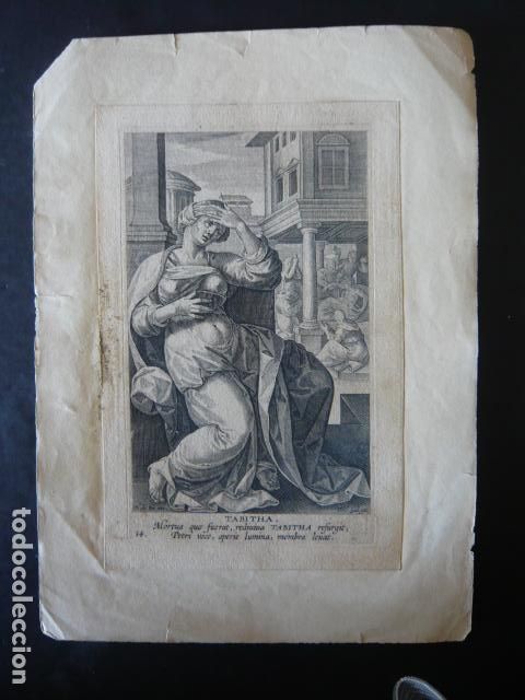 Arte: GRABADO GALLE Y MARTIN DE VOS SIGLO XVII PERSONAJE BIBLICO TABITHA 11 X 16 CM