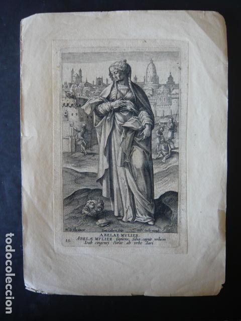 Arte: GRABADO MARTIN DE VOS COLLAERT Y GALLE Y SIGLO XVII PERSONAJE LA MUJER DE ABEL 11 X 16 CM