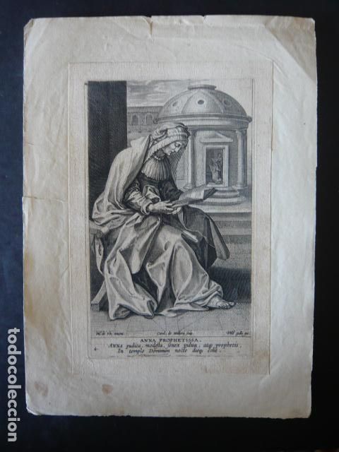 Arte: GRABADO GALLE MALLERY MARTIN DE VOS SIGLO XVII PERSONAJE BIBLICO PROFETISA ANA 11 X 16 CM