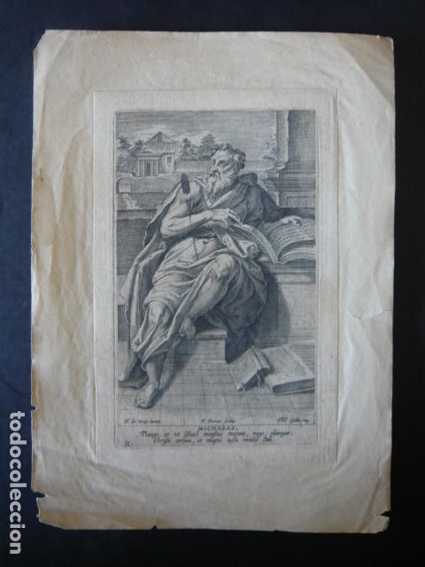 Arte: GRABADO HOEY PERRET GALLE SIGLO XVII PERSONAJE BIBLICO MICAEAS 11 X 16 CM