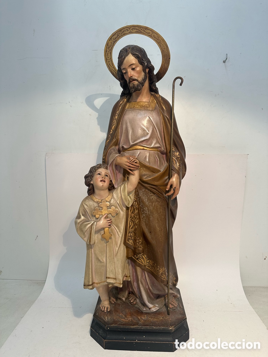Arte: PRECIOSO SAN JOSE Y NI&Ntilde;O JESUS DE PASTA MADERA. SELLO ARTE CRISTIANO OLOT. PRIMERA EPOCA. 63,5CM.