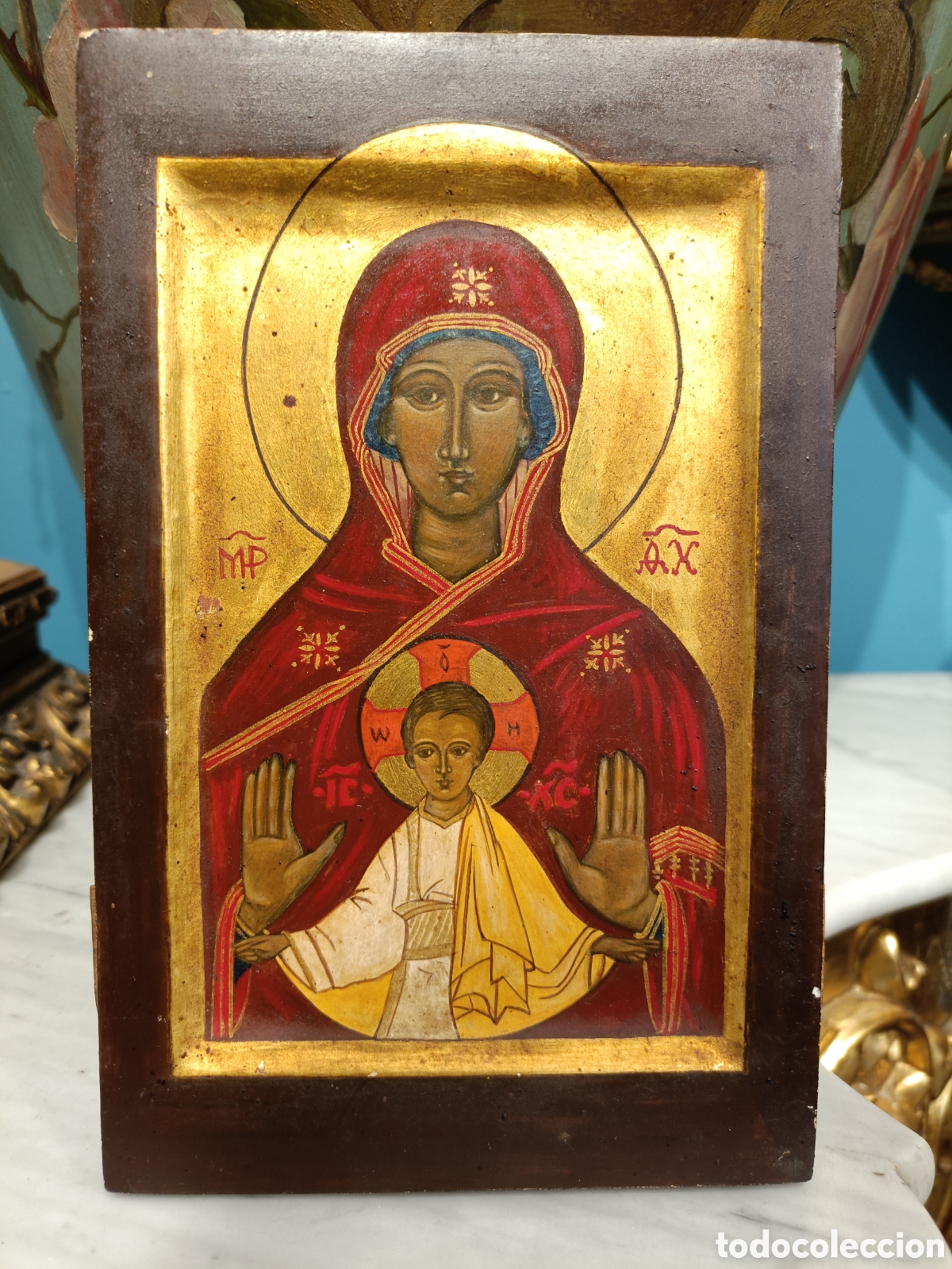 Arte: Icono pintado a mano de Nuestra Se&ntilde;ora del Signo Icono ortodoxo bizantino de Theotokos Oranta Orans