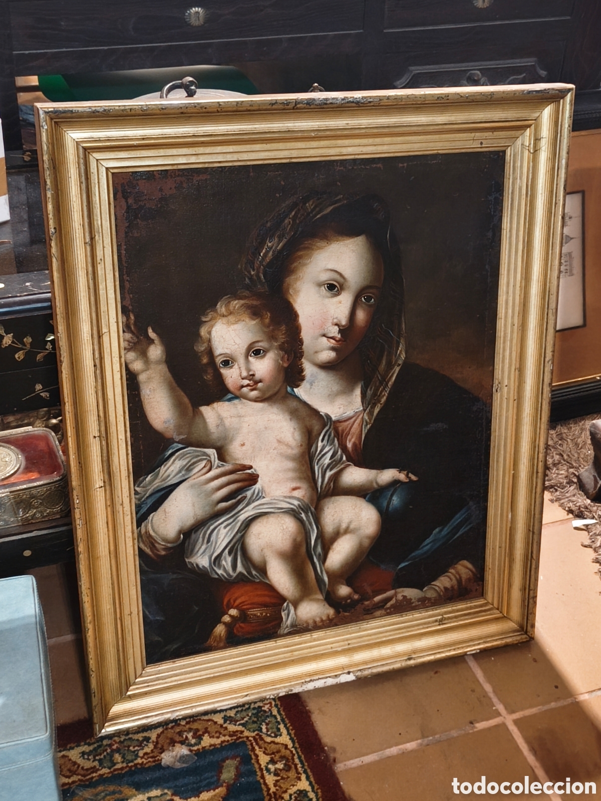 Arte: &Oacute;leo sobre lienzo &rdquo;Virgen con el Ni&ntilde;o Jes&uacute;s y Orbe&rdquo;. Escuela Italiana, S. XVII