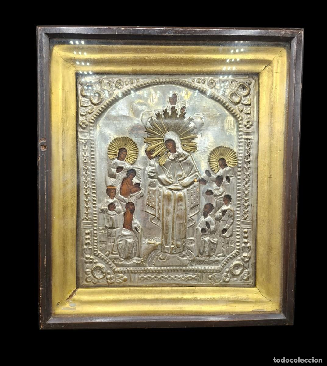 Arte: Icono ruso de la Advocacion de la Virgen en marco dorado y caja en madera y cristal de epoca