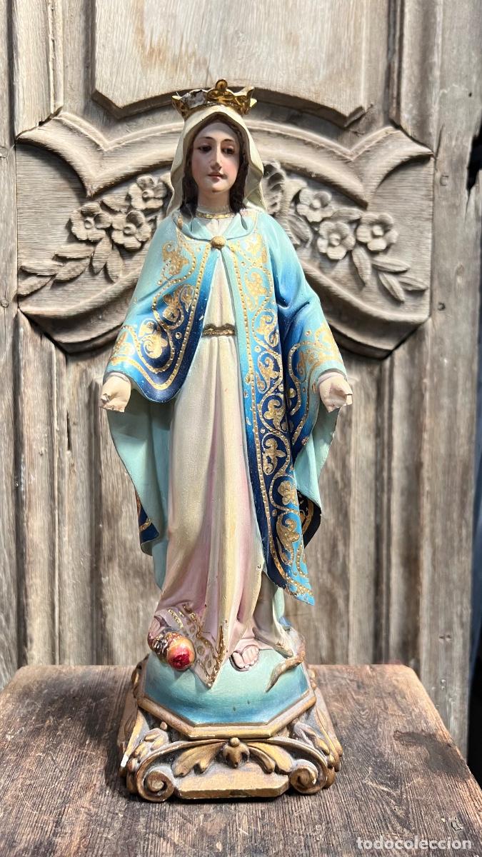 Arte: Figura Olot religiosa virgen milagrosa policromia original ojos vidrio arte sacro 33cms