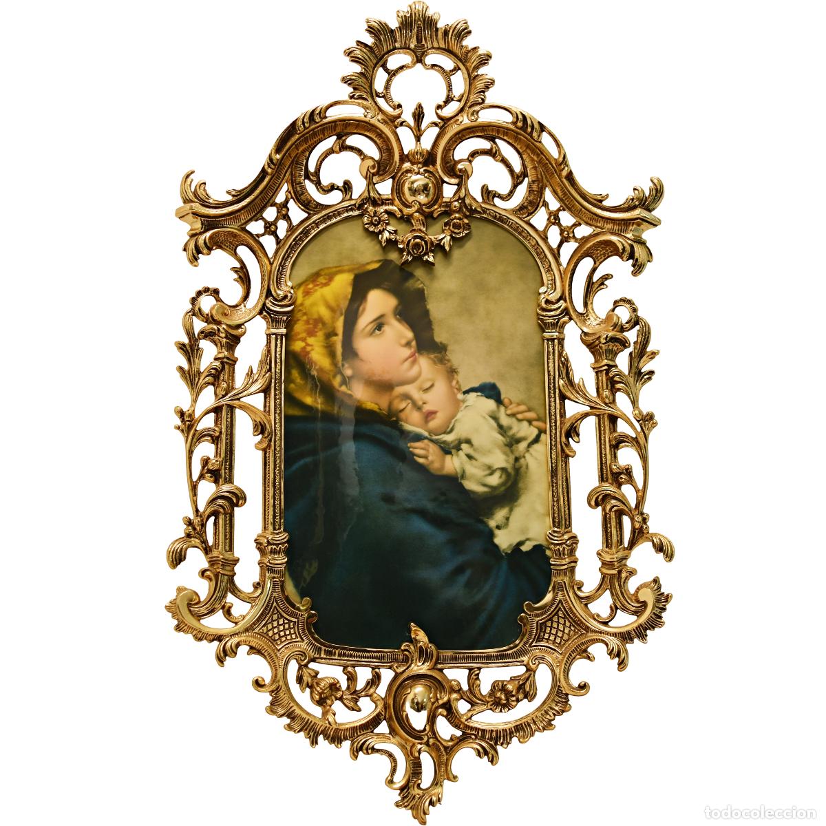 Arte: Imagen religiosa &ldquo; Virgen con El Ni&ntilde;o&rdquo; con marco de bronce dorado