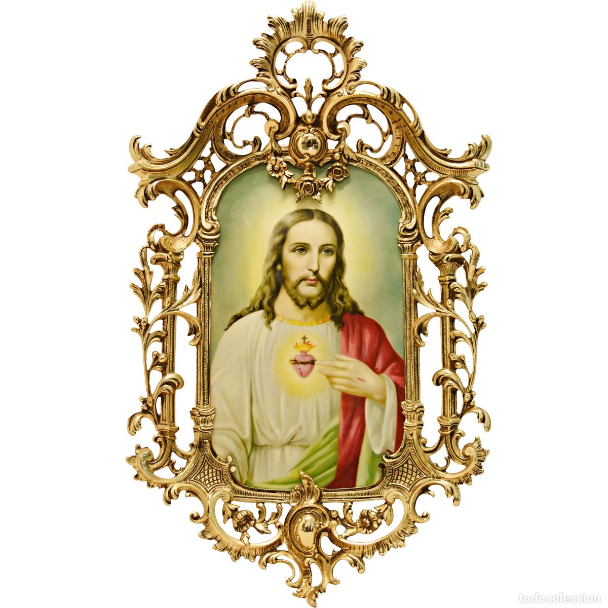 Arte: Imagen religiosa &ldquo;Sagrado Coraz&oacute;n de Jes&uacute;s&rdquo; con marco de bronce dorado