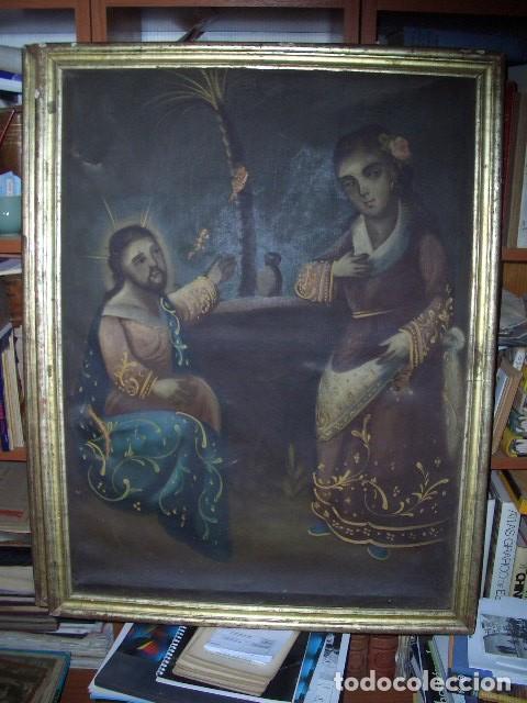 Arte: Pintura religiosa virreinal que representa el pasaje b&iacute;blico de Cristo y la Samaritana en el pozo de