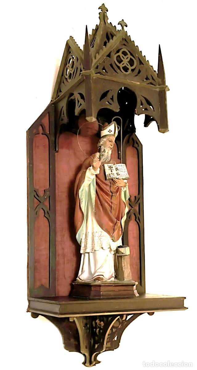 Arte: s.XIX - Antigua capilla neog&oacute;tica 95 cm - hornacina altar de colgar para Santo Virgen talla Imagen