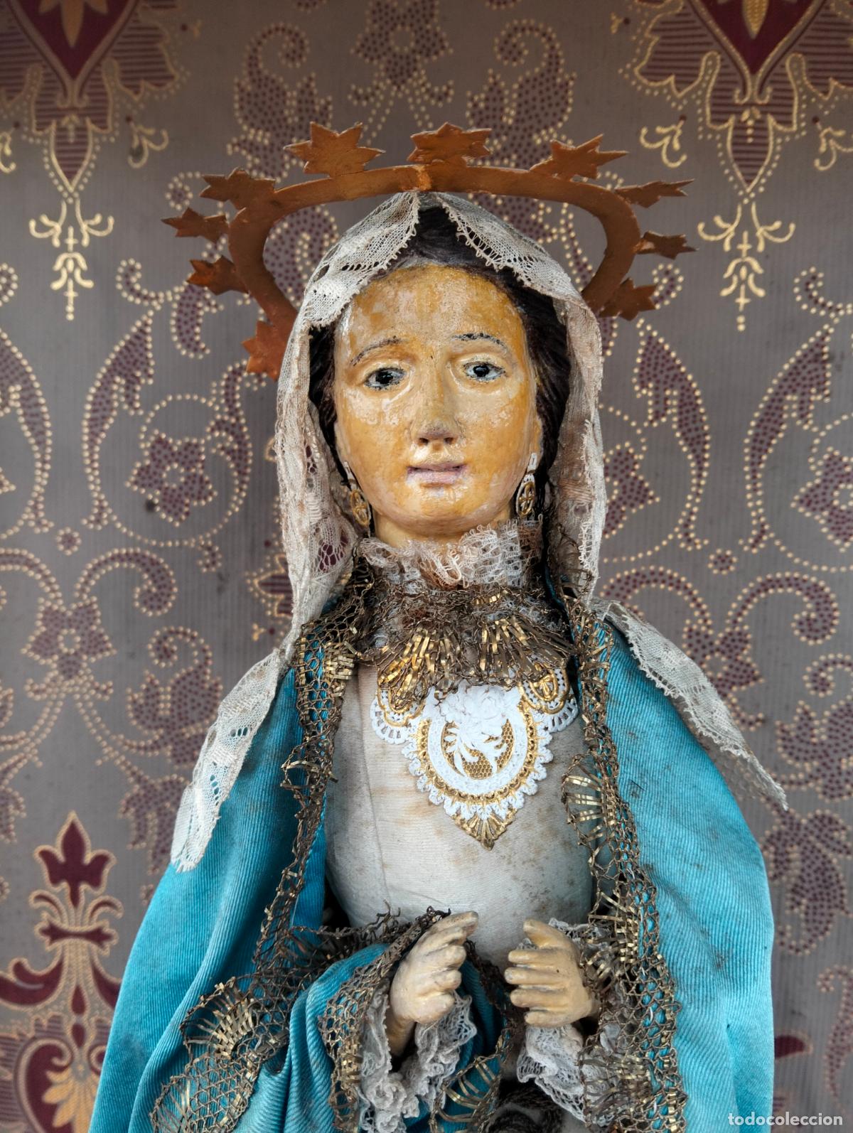 Arte: Figura de talla antigua en vitrina hornacina madera Virgen Santa Maria Inmaculada cap-i-pota S.XIX