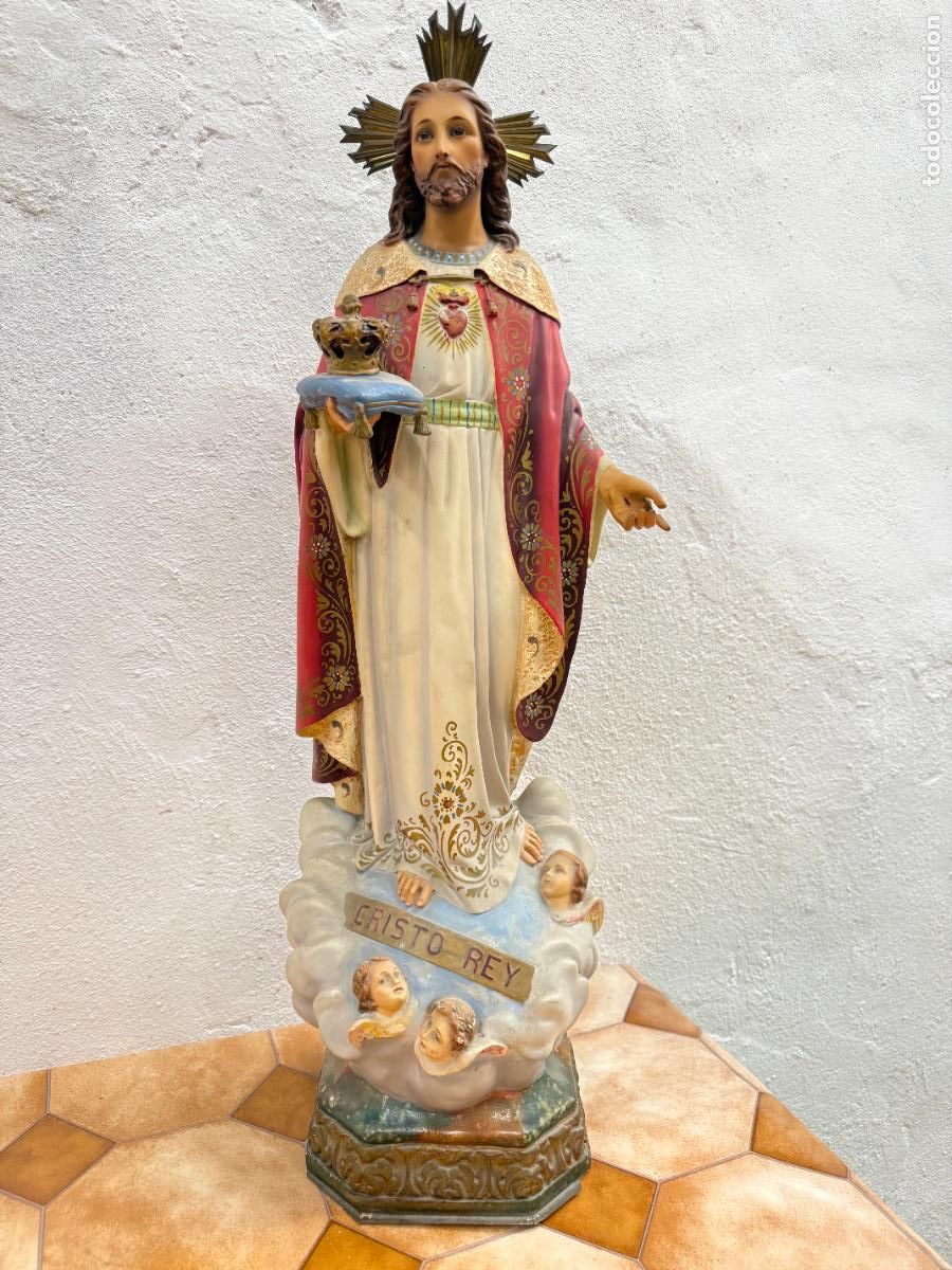 Arte: ANTIGUO CRISTO REY SAGRADO CORAZON DE JESUS DE OLOT CON OJOS DE CRISTAL,MEDIDA SIN POTENCIAS 70CM