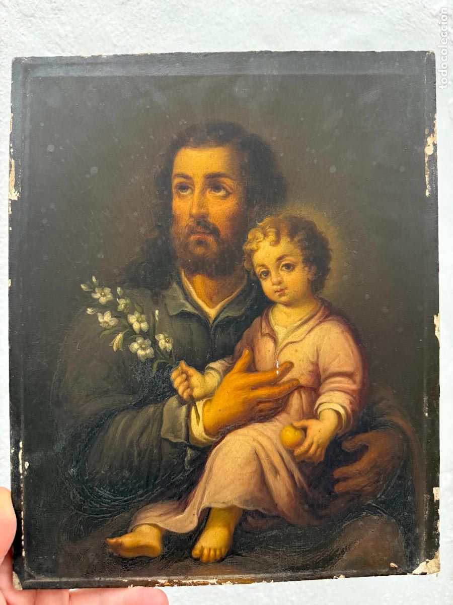 Arte: PRECIOSO OLEO SOBRE TABLA CON IMAGEN DE SAN JOSE Y NI&Ntilde;O JESUS - MEDIDA 28X22 CM