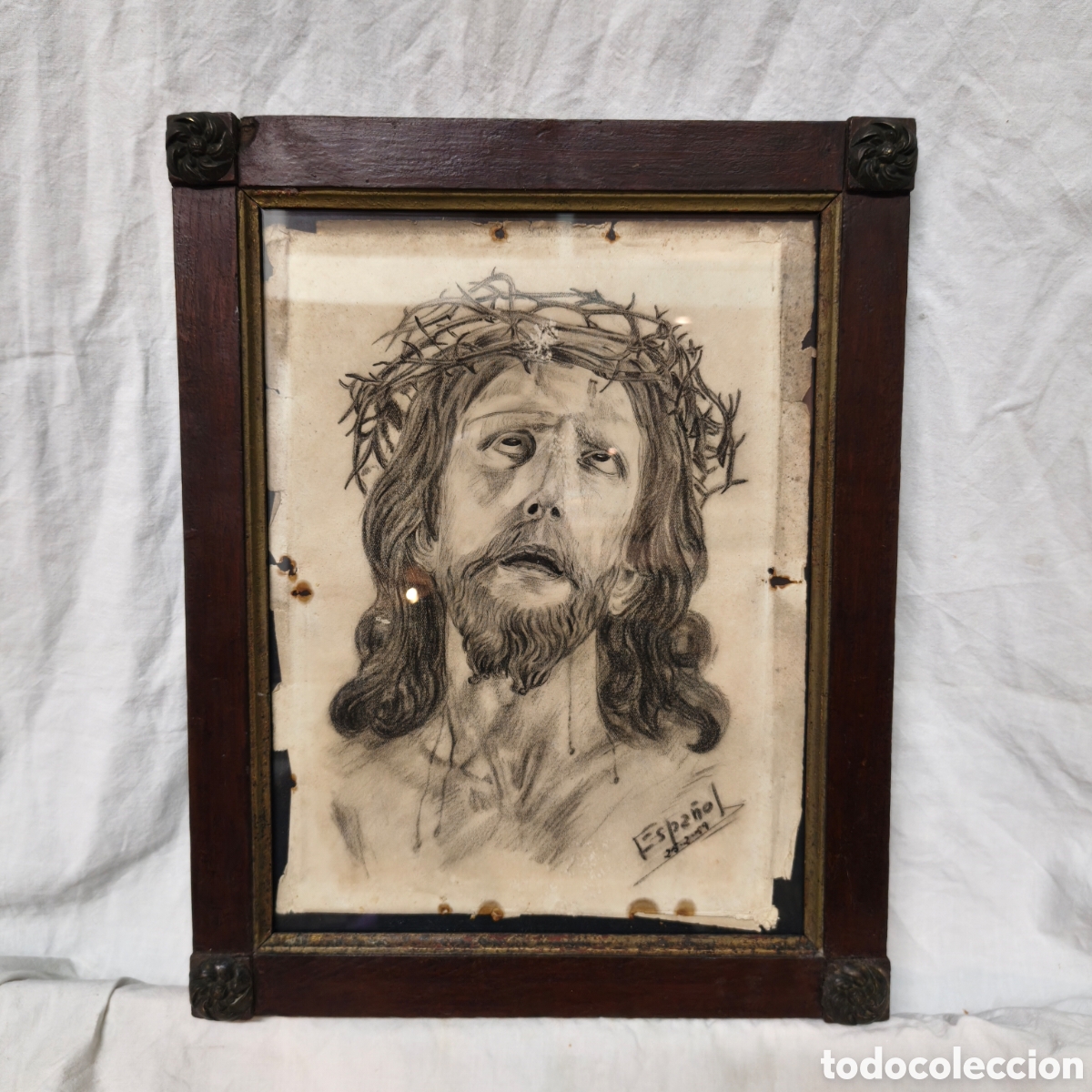 Arte: Dibujo original Ecce Homo carboncillo - Firmado Espa&ntilde;ol (Pontevedra) - 25-2-1949. Con marco de epoca
