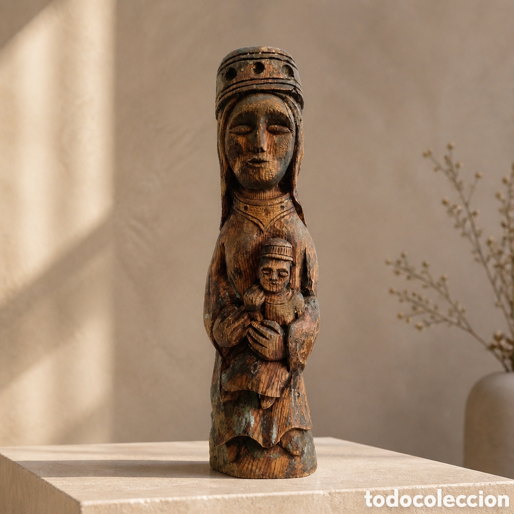 Arte: BONITA TALLA EN MADERA DE LA VIRGEN CON EL NI&Ntilde;O . ESTILO ROMANICO . ARTE POPULAR . 44 CM
