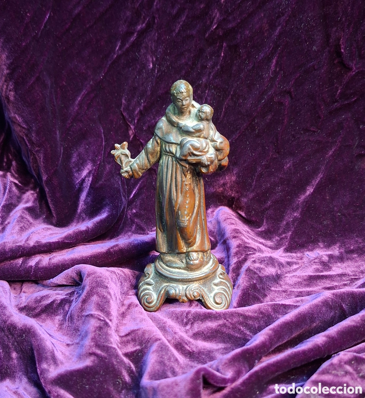 Arte: Antigua figura / escultura de San Antonio de Padua con el Ni&ntilde;o Jes&uacute;s - Calamina - Siglo XIX - 13 cm