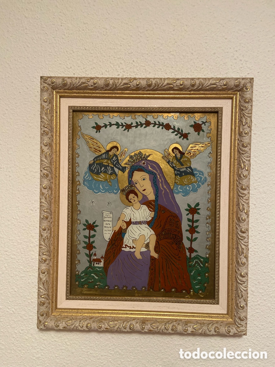 Arte: Cuadro de icono religioso rumano vintage Virgen con Ni&ntilde;o y &aacute;ngeles &ndash; enmarcado