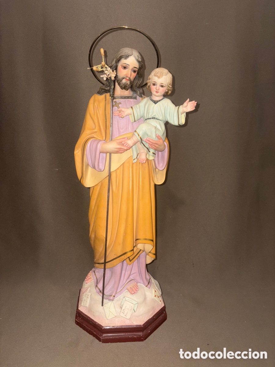 Arte: Antiguo San Jos&eacute; con ni&ntilde;o Jes&uacute;s en brazos,DE OLOT,50cm sin contar auerola*ver fotos*