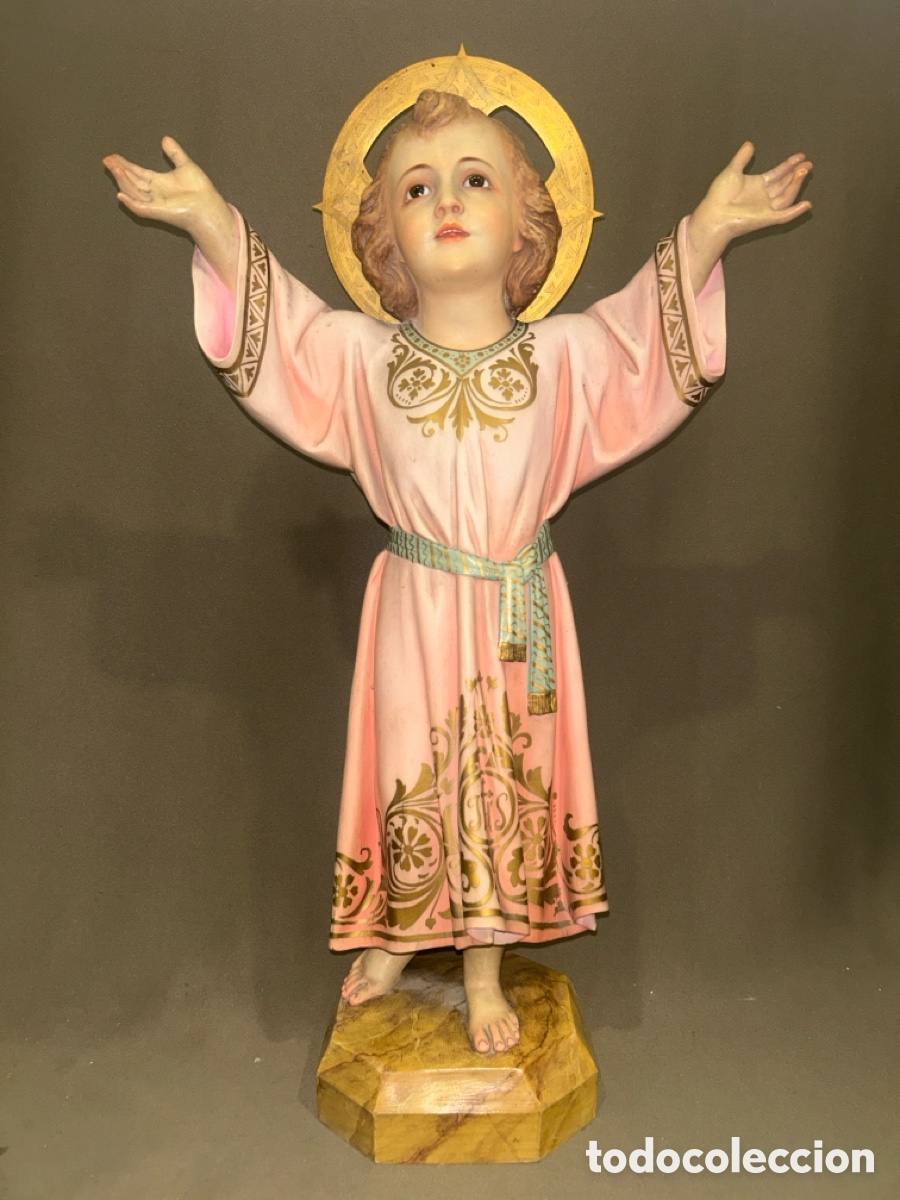 Arte: IMAGEN NI&Ntilde;O JES&Uacute;S CON LOS BRAZOS ABIERTOS, ESTUCO POLICROMADO, OJOS DE CRISTAL 62 CM CON AUREOLA