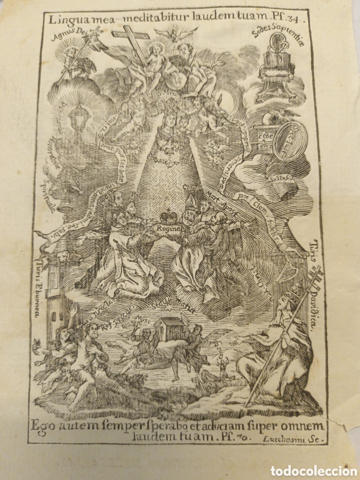 Arte: GRABADO - LETAN&Iacute;A LAURETANA DE LA VIRGEN - LINGUA MEA - A&Ntilde;O 1768 - GR. LUCCHESIN - 13 X 22 CM