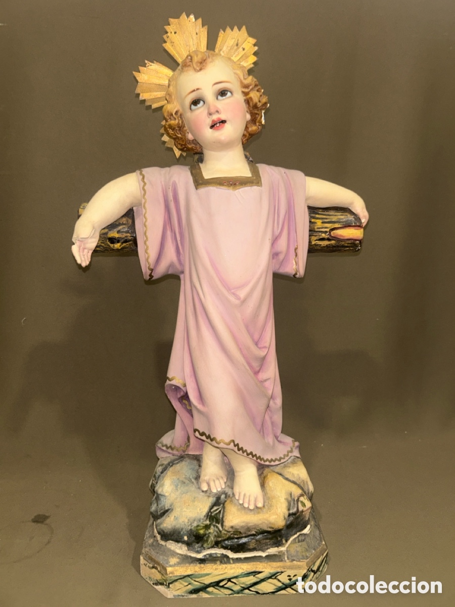Arte: ANTIGUA IMAGEN NI&Ntilde;O JES&Uacute;S EN CRUZ, OLOT, ESTUCO POLICROMADO, OJOS DE CRISTAL *VER FOTOS*