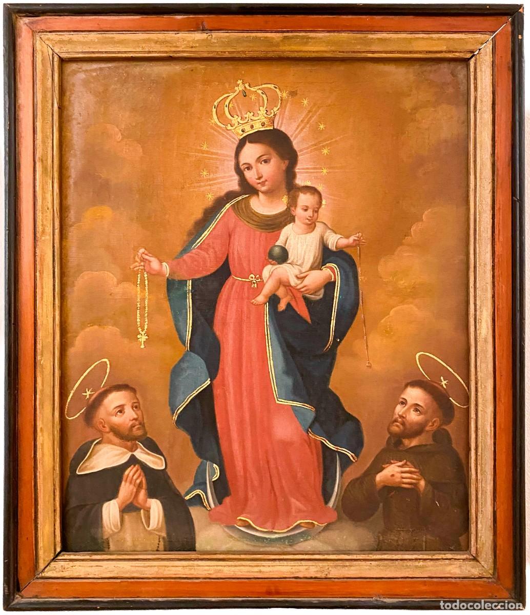 Arte: Virgen del rosario oleo sobre lienzo escuela mexicana siglo XVIII