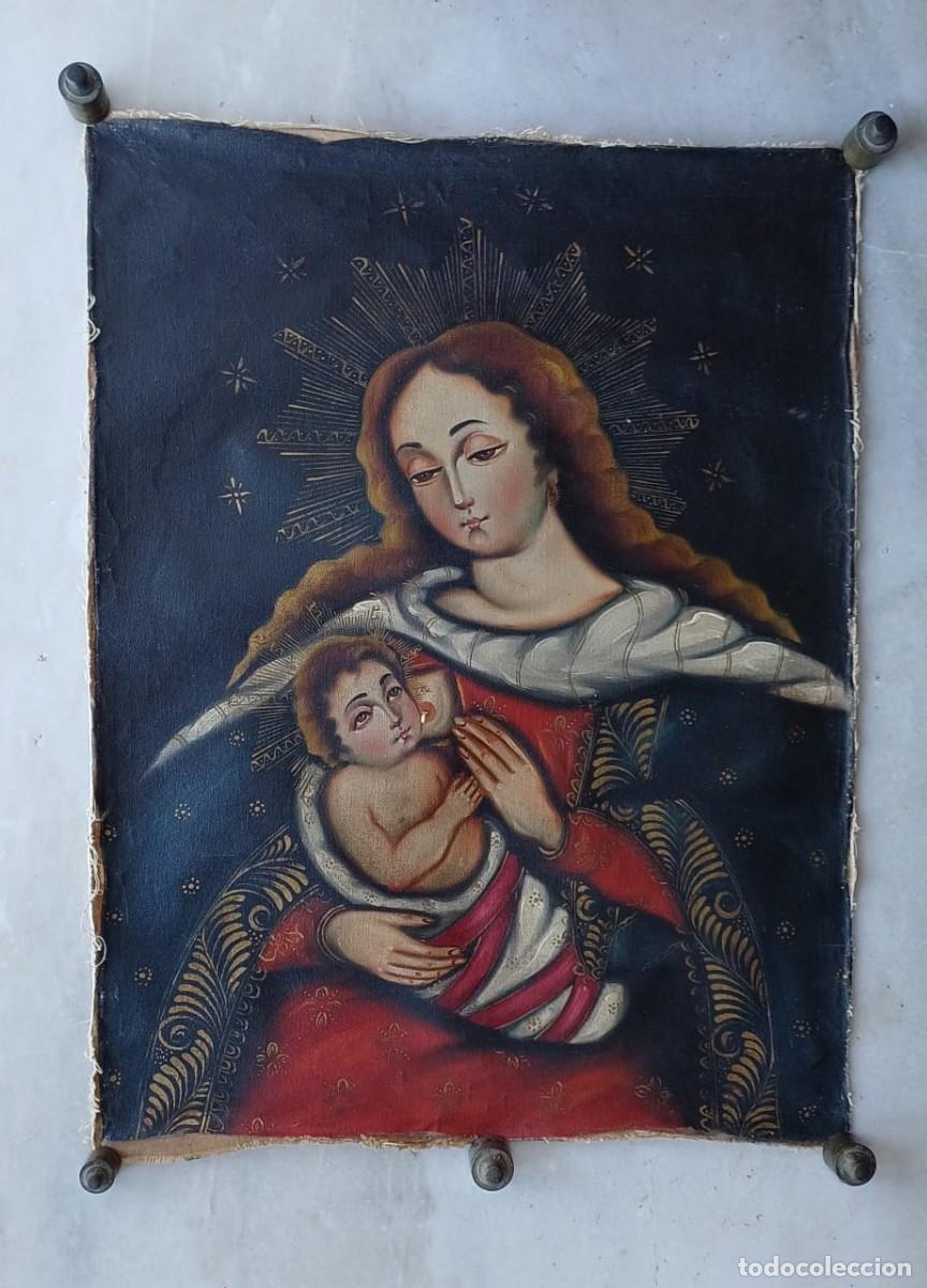 Arte: Antiguo Lienzo Escuela Cusque&ntilde;a - Virgen de la Leche (59x45 cm)
