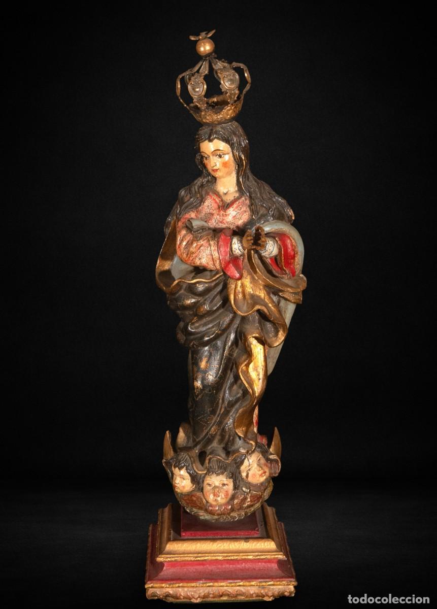 Arte: Virgen Pur&iacute;sima barroca, talla en madera policromada, siglo XVII, 65 cm