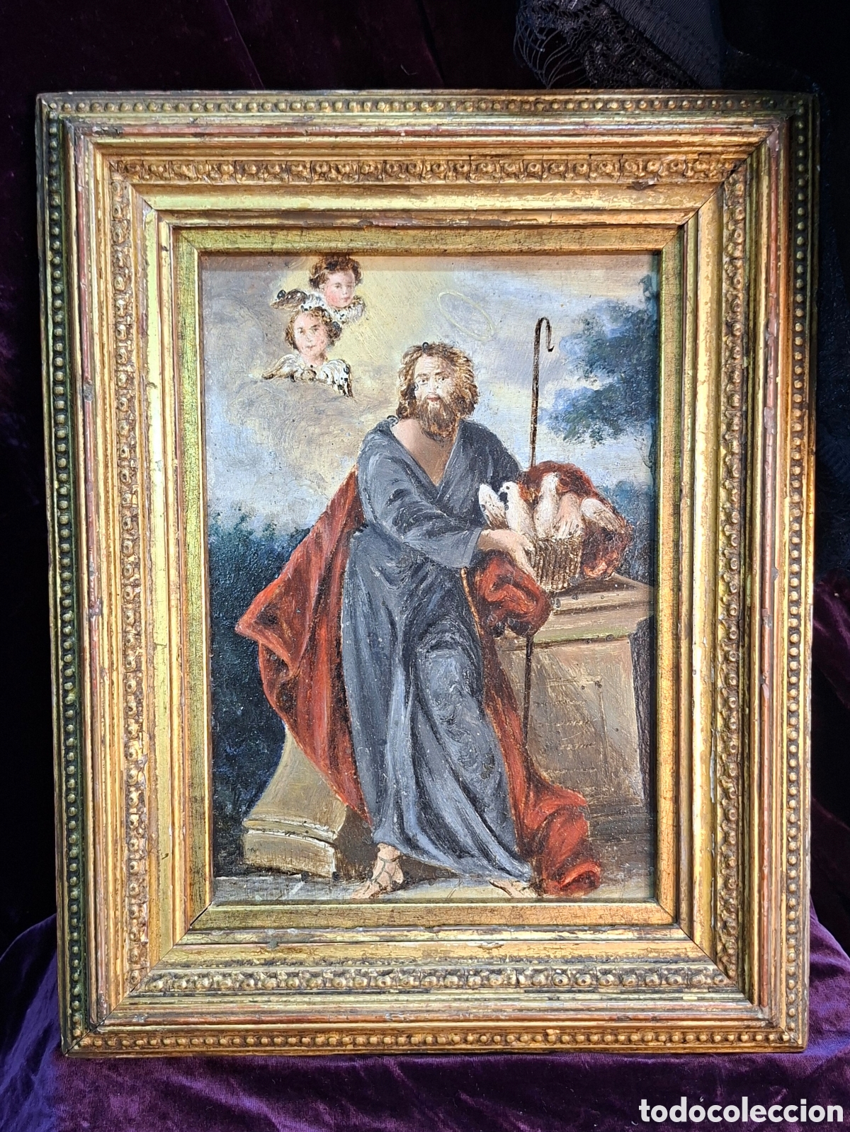 Arte: Pintura religiosa sobre metal con marco original &ndash; Siglo XIX