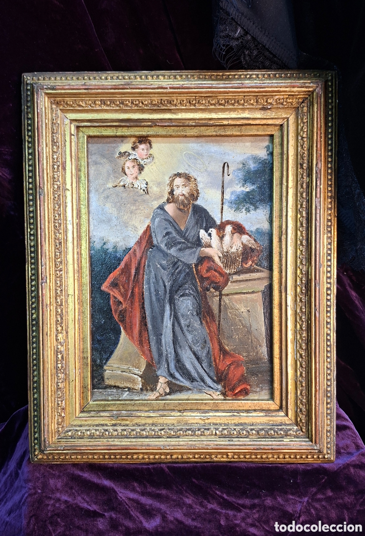 Arte: Pintura religiosa sobre metal con marco original &ndash; Siglo XIX