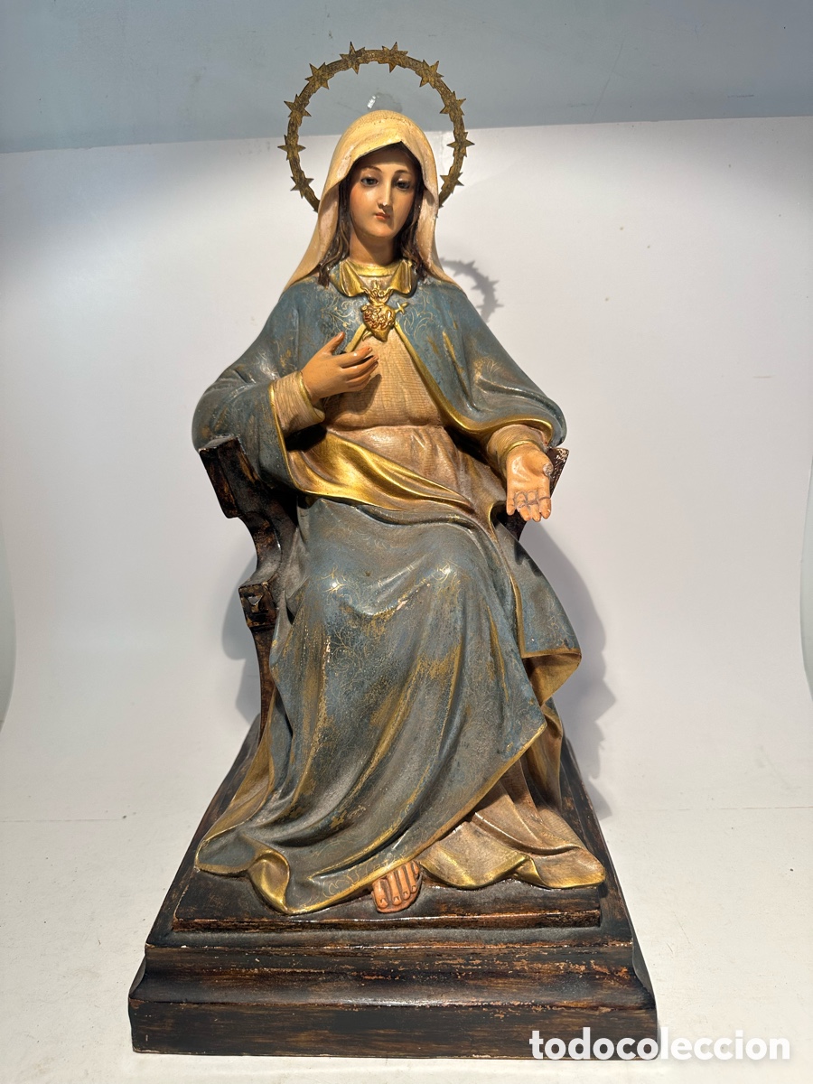 Arte: ANTIGUO SAGRADO CORAZON DE MARIA ENTRONIZADA DE ESTUCO Y OJOS DE CRISTAL. MODELO OLOT 42CM.