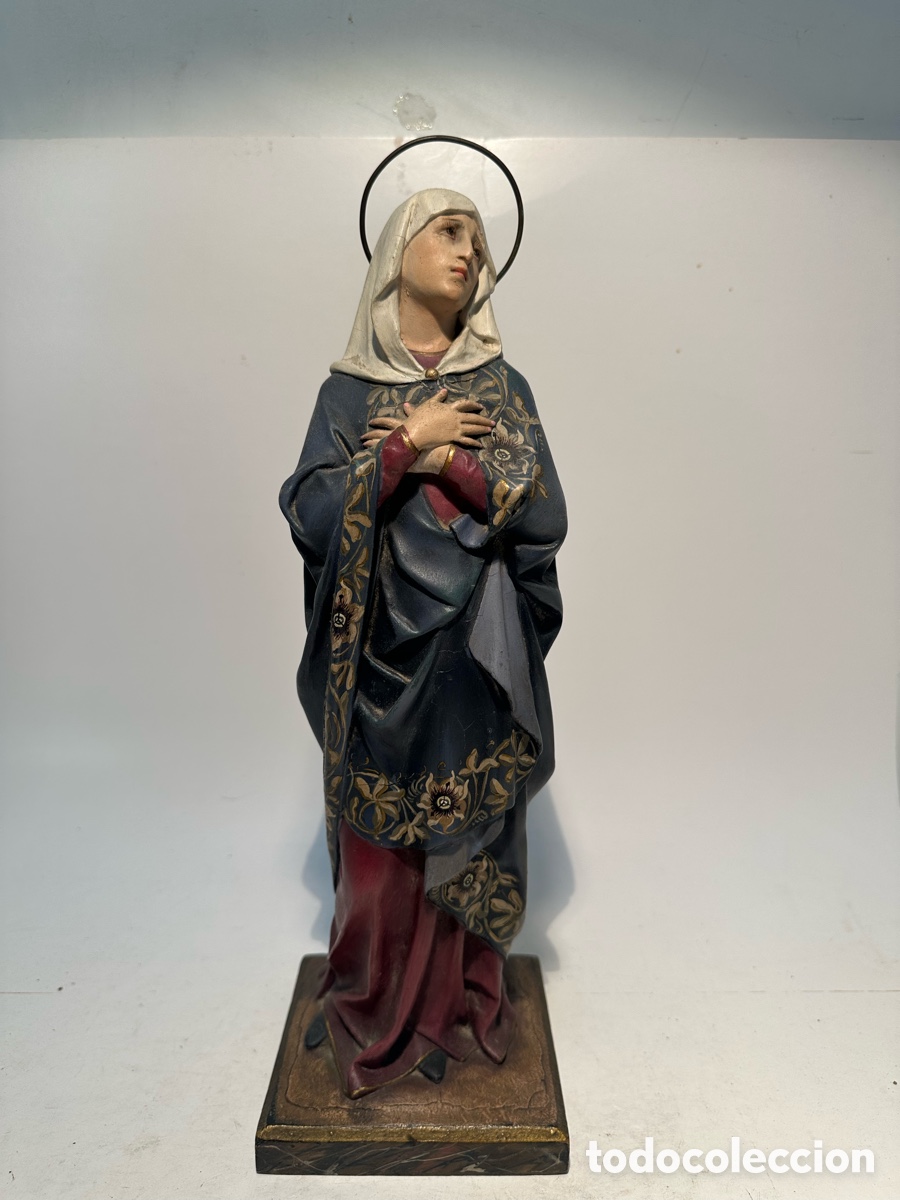 Arte: PRECIOSA VIRGEN DOLOROSA DE PASTA DE MADERA ANTIGUA. MODELO OLOT. 38CM. SIGLO XIX.