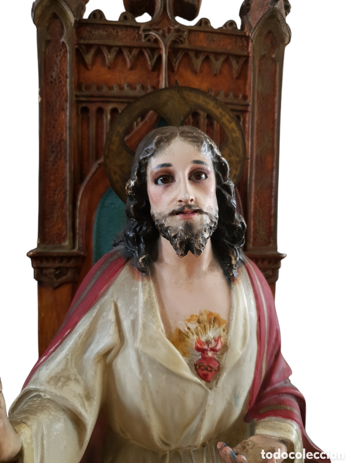 Arte: Sagrado Coraz&oacute;n de Jes&uacute;s Rey Entronizado (XIX) - Pasta de madera.Ojos Cristal.Sello Olot. - Foto 2